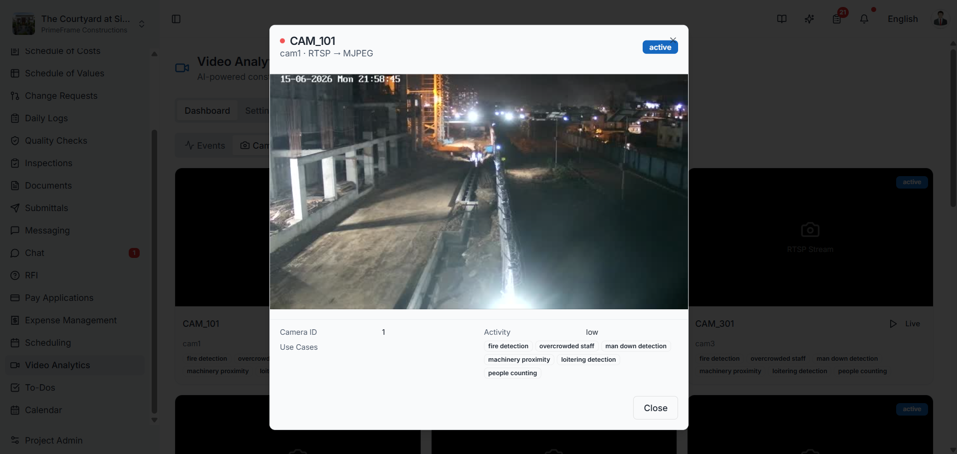 Cameras view showing connected cameras and their assigned AI monitoring capabilities