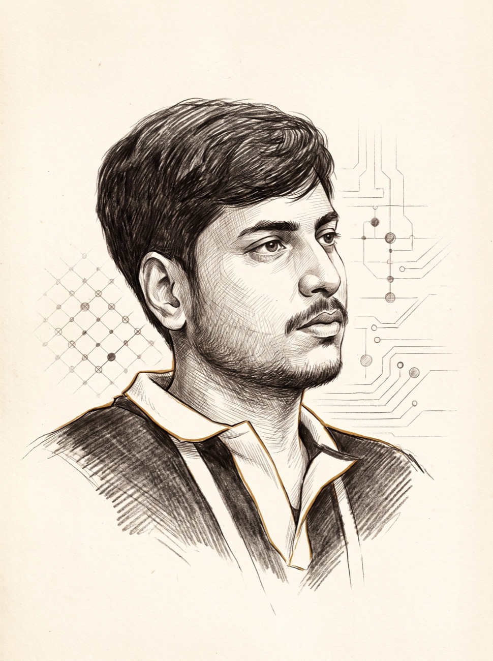Pencil-and-ink illustrated portrait of Sai Pavan Krishna Nagam