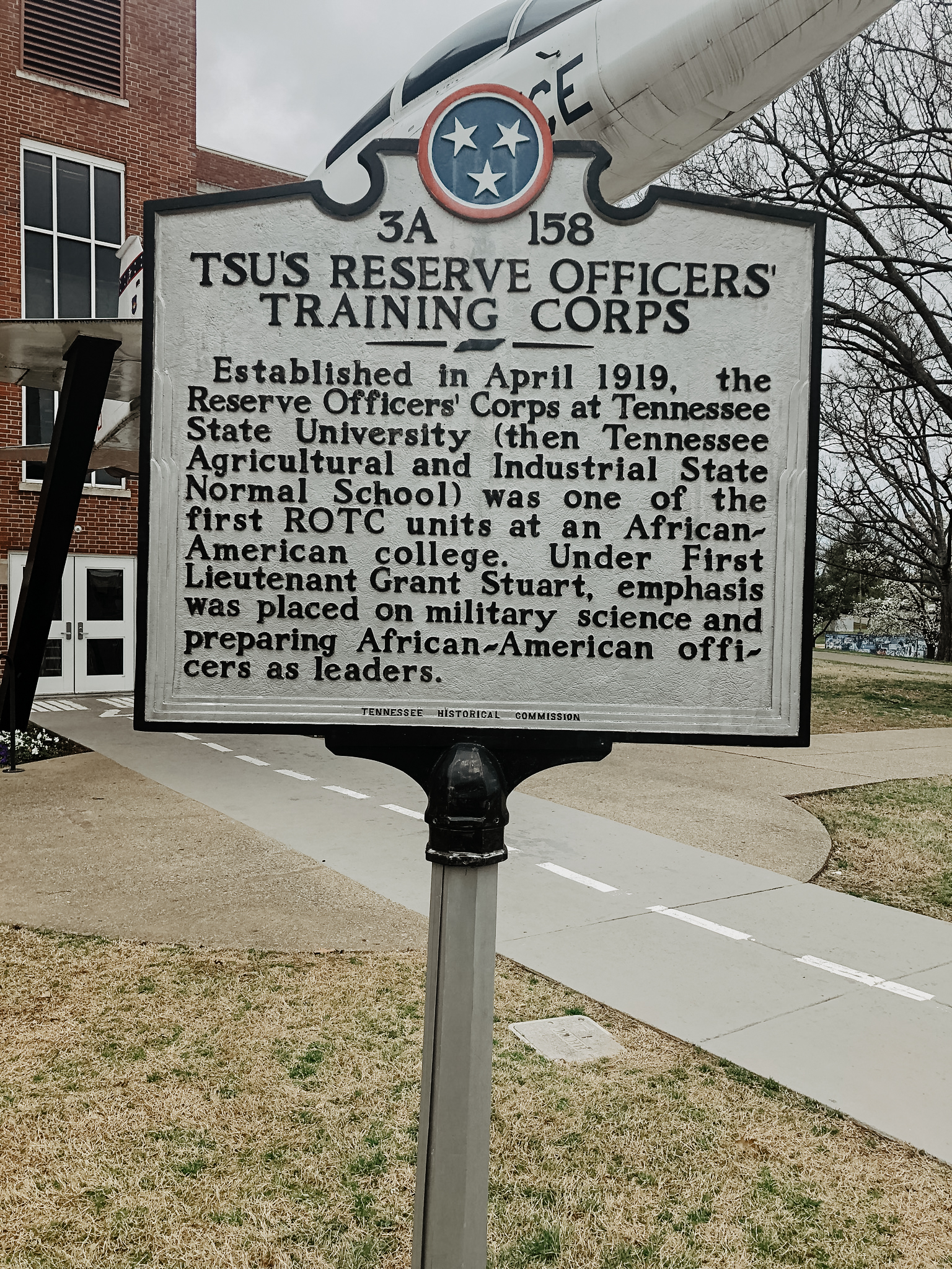 Photograph of the Tennessee Historical Commission historical marker for TSU's Reserve Officers' Training Corps outside of Kean Hall, 2019. Image courtesy of MHCF.