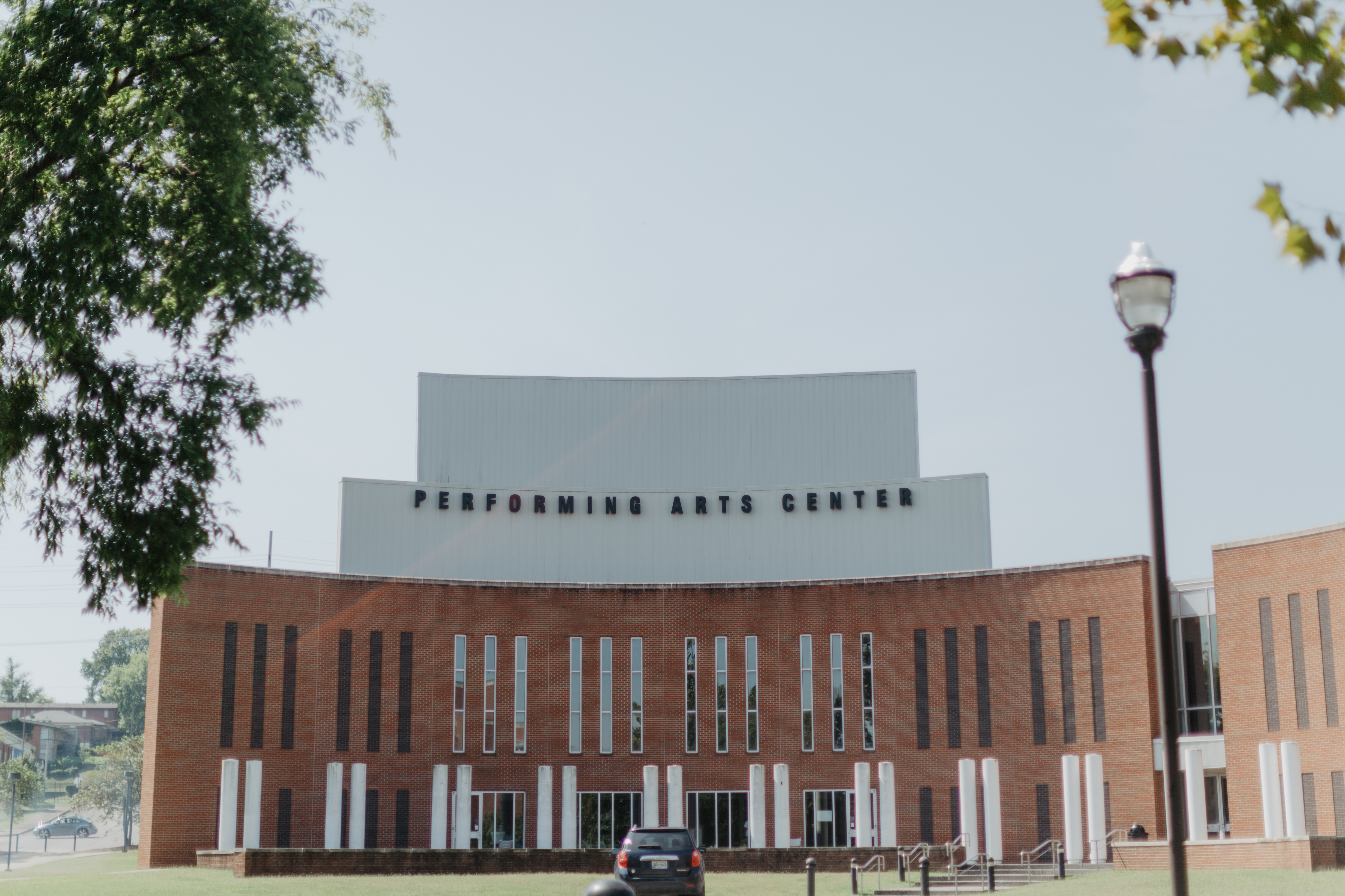 The front facade of the Strange Performing Arts Center with its distinctive piano key appearance, 2019. Image courtesy of Sydney Whitten.