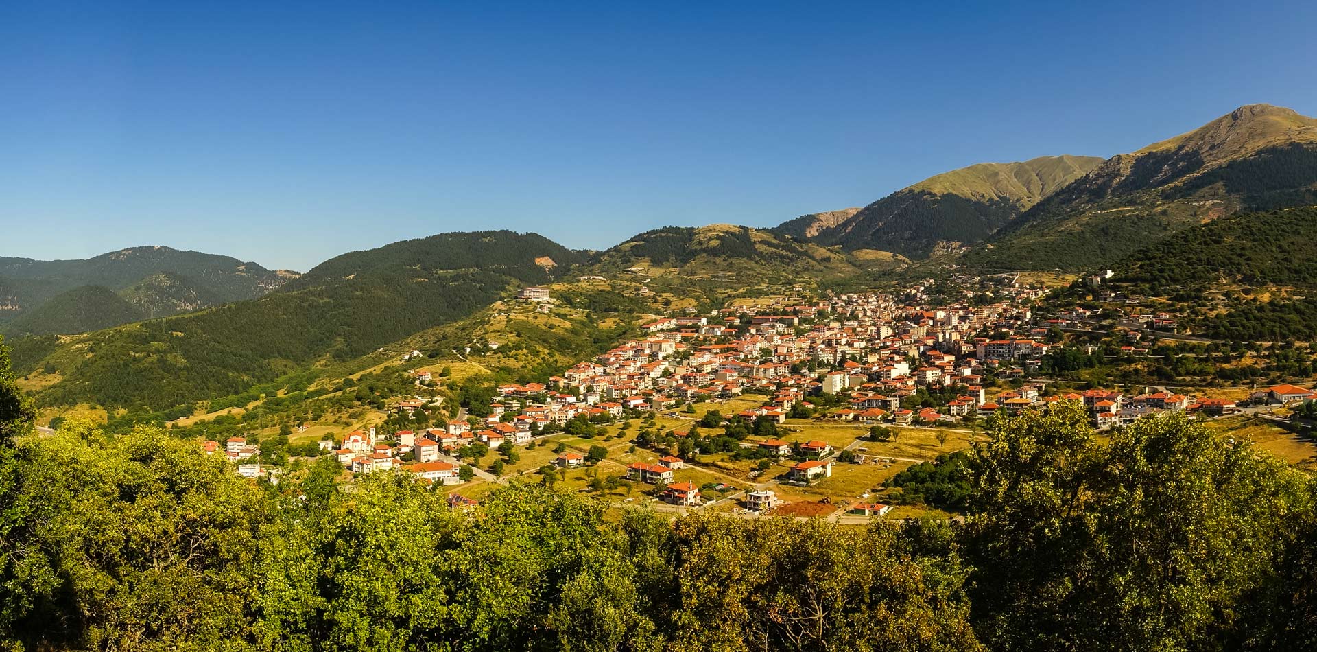Panoramic view of a village in the mountains.