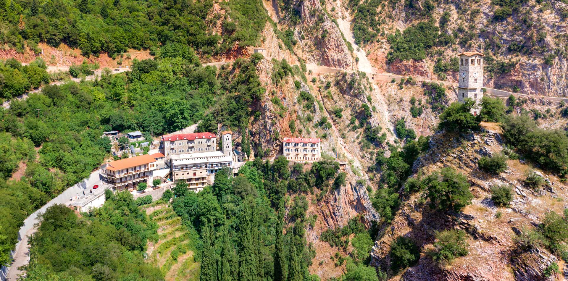 Aerial view of a monastery in the mountains.