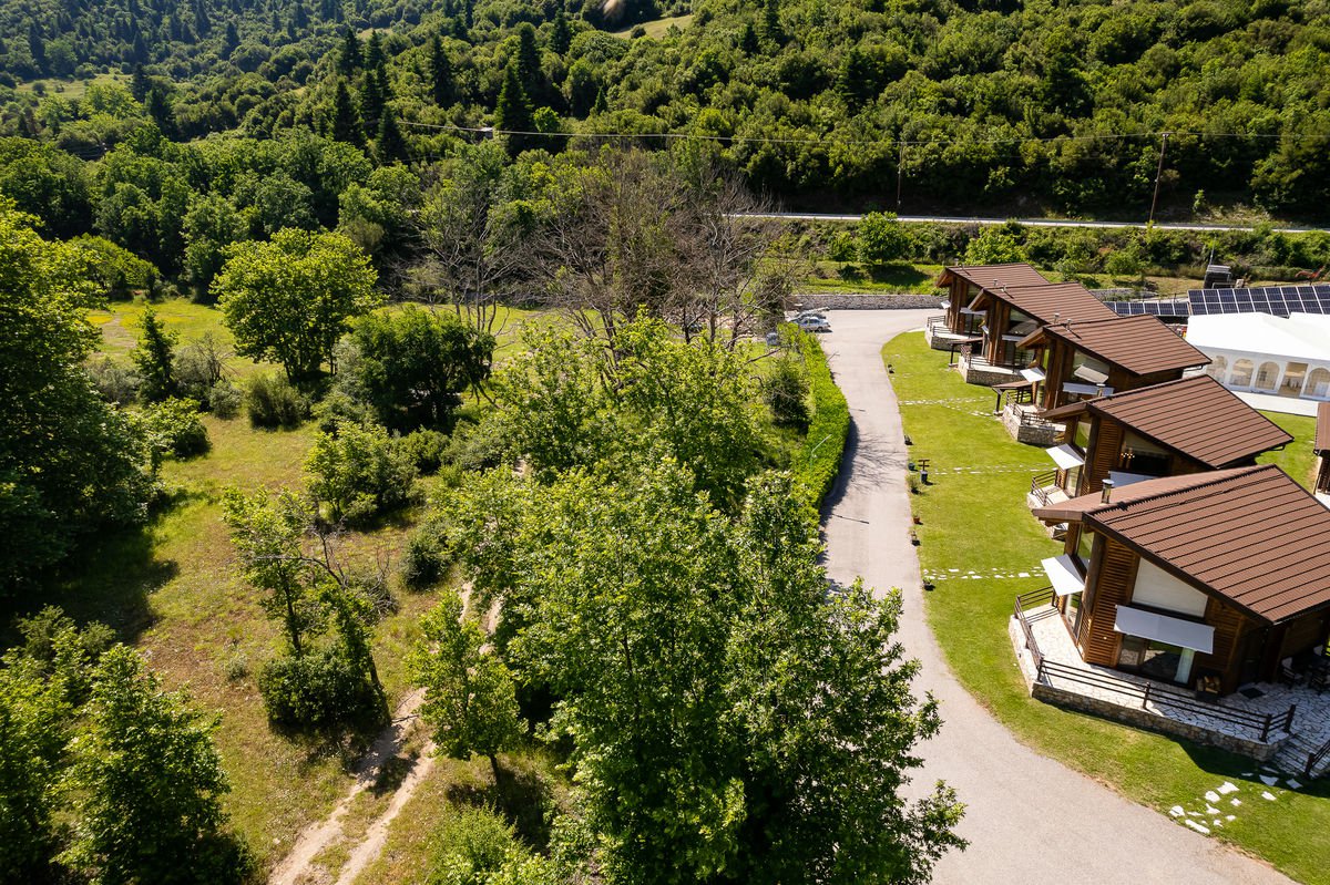 Aerial view of the chalets in the woods