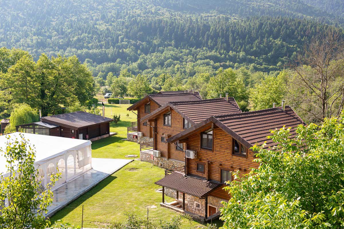 Aerial view of Natura Chalets and the outdoor area