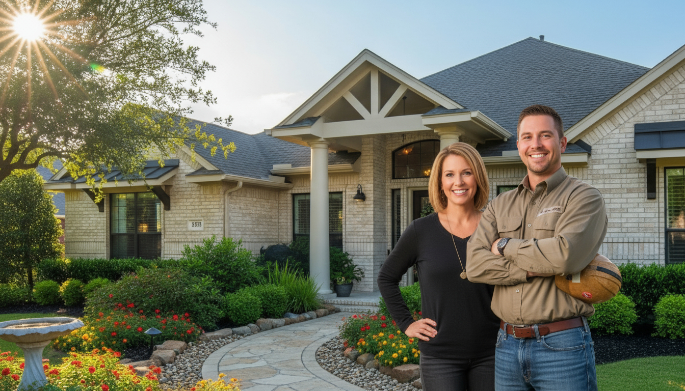 Happy couple in front of their new home