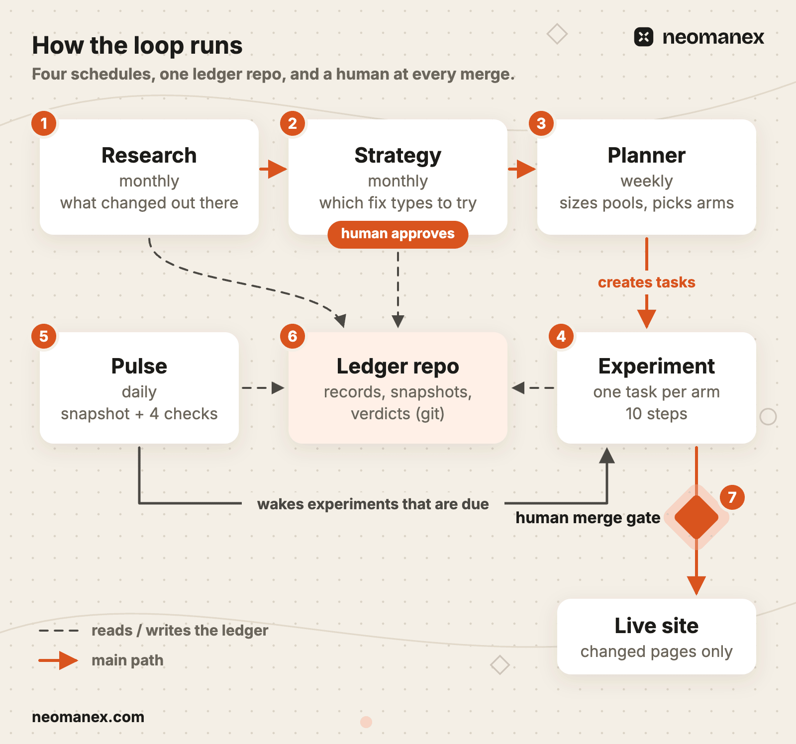 How the loop runs: monthly research and human-approved strategy feed a weekly planner that creates experiment tasks, a daily pulse wakes the ones that are due, everything reads and writes one ledger repo, and a human merges every change before it goes live.