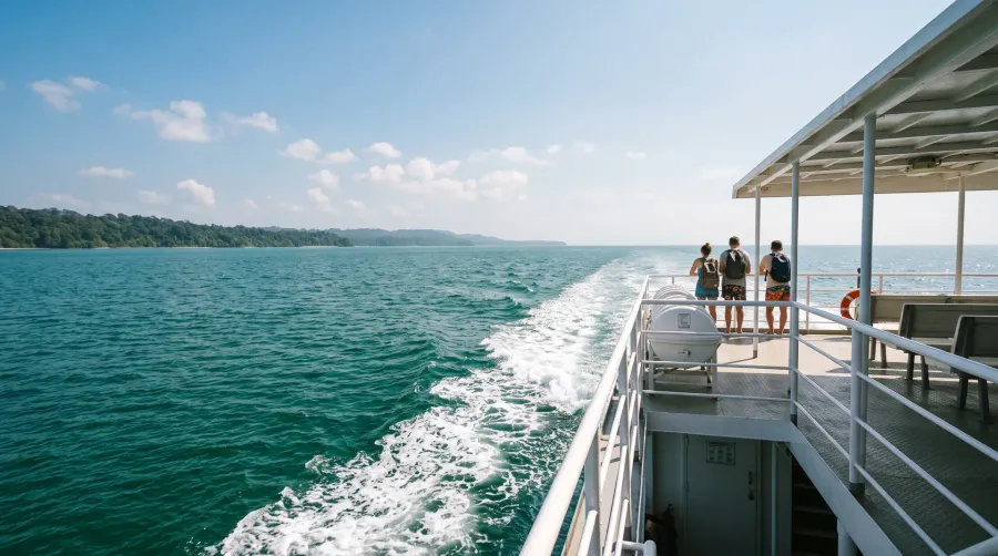 Passengers on a ferry deck crossing the Andaman Sea towards Havelock Island