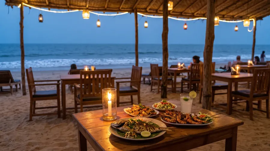 Seafood dinner on candlelit tables at a Goan beach shack at dusk