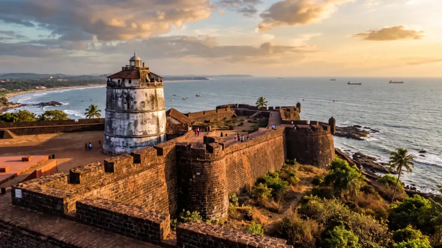 Fort Aguada lighthouse and laterite ramparts above the Arabian Sea at Sinquerim, North Goa