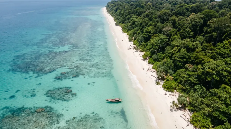 Aerial view of white sand, turquoise water and forest on Havelock Island