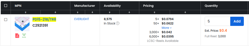 LCSC pricing for a part costing $0.08, with an extended price of $0.4