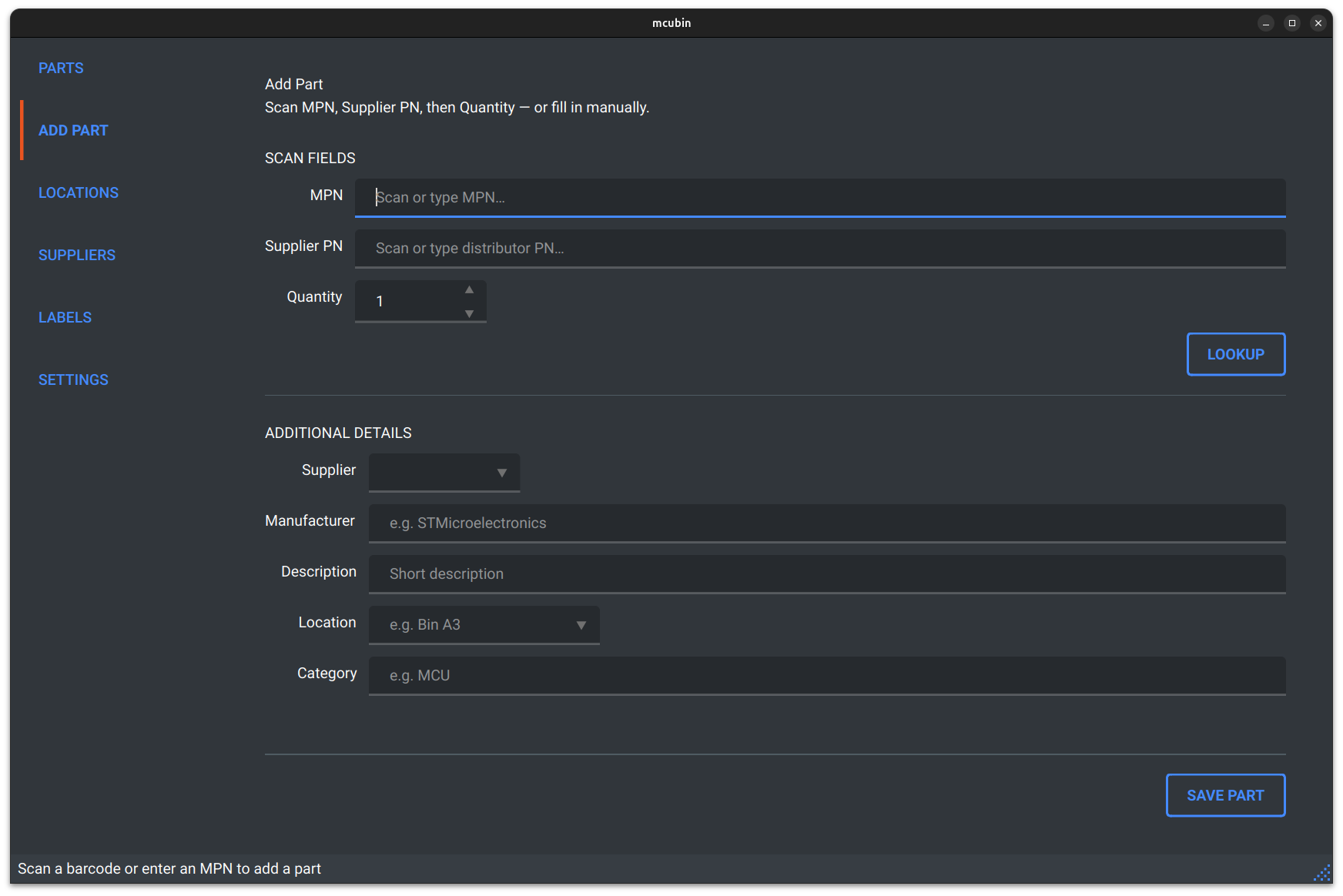 mcubin Add Part Screen