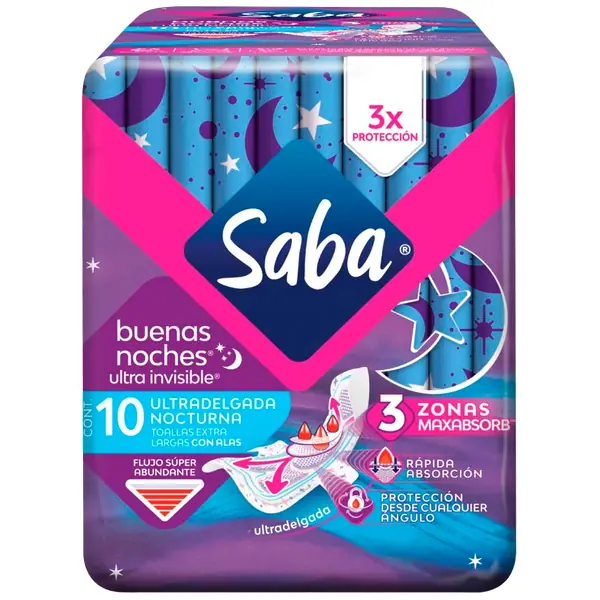 Toalla Femenina Saba Ultra Nocturna 10 pzas