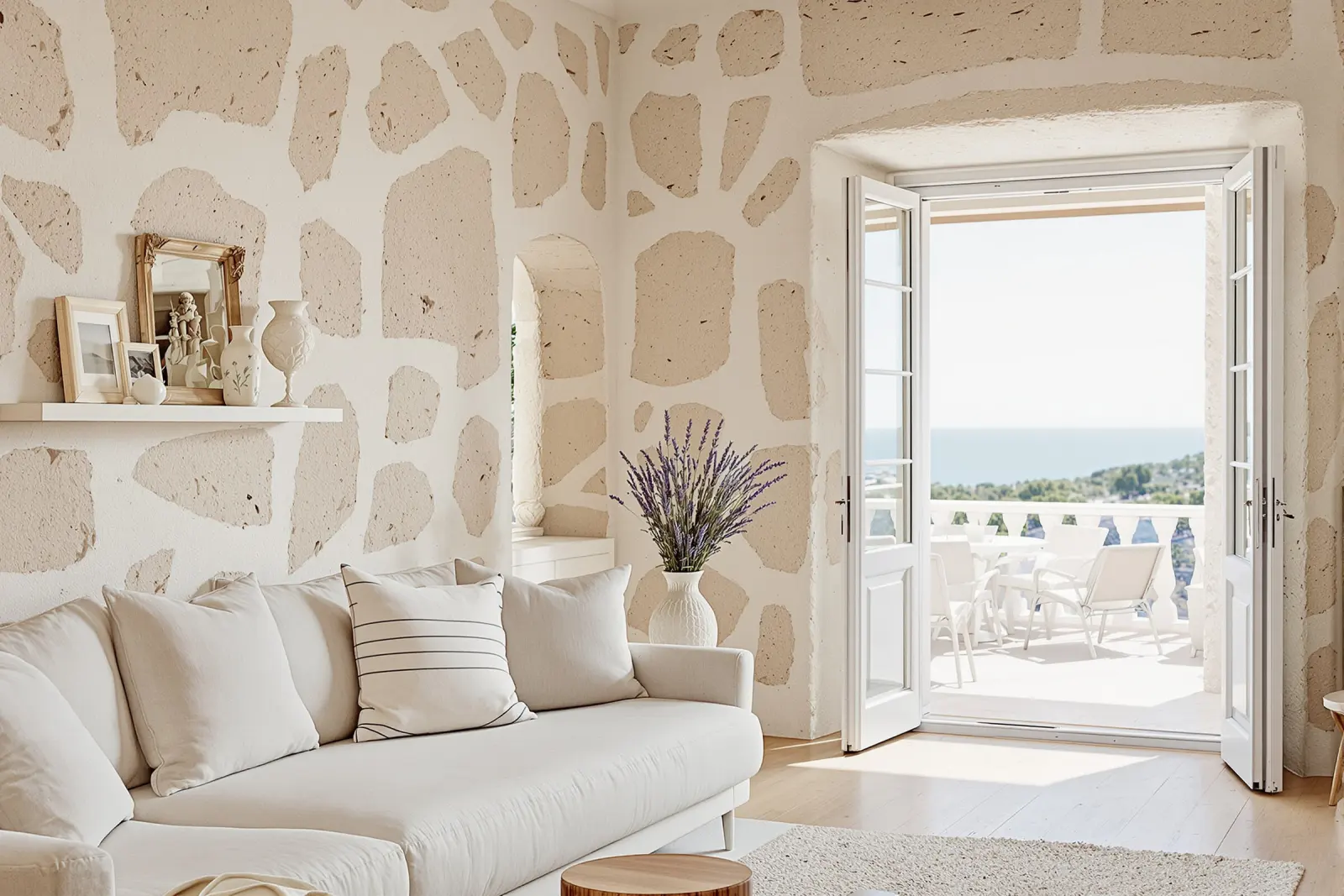 Living room with a limestone wall and French doors open to a sea-view terrace