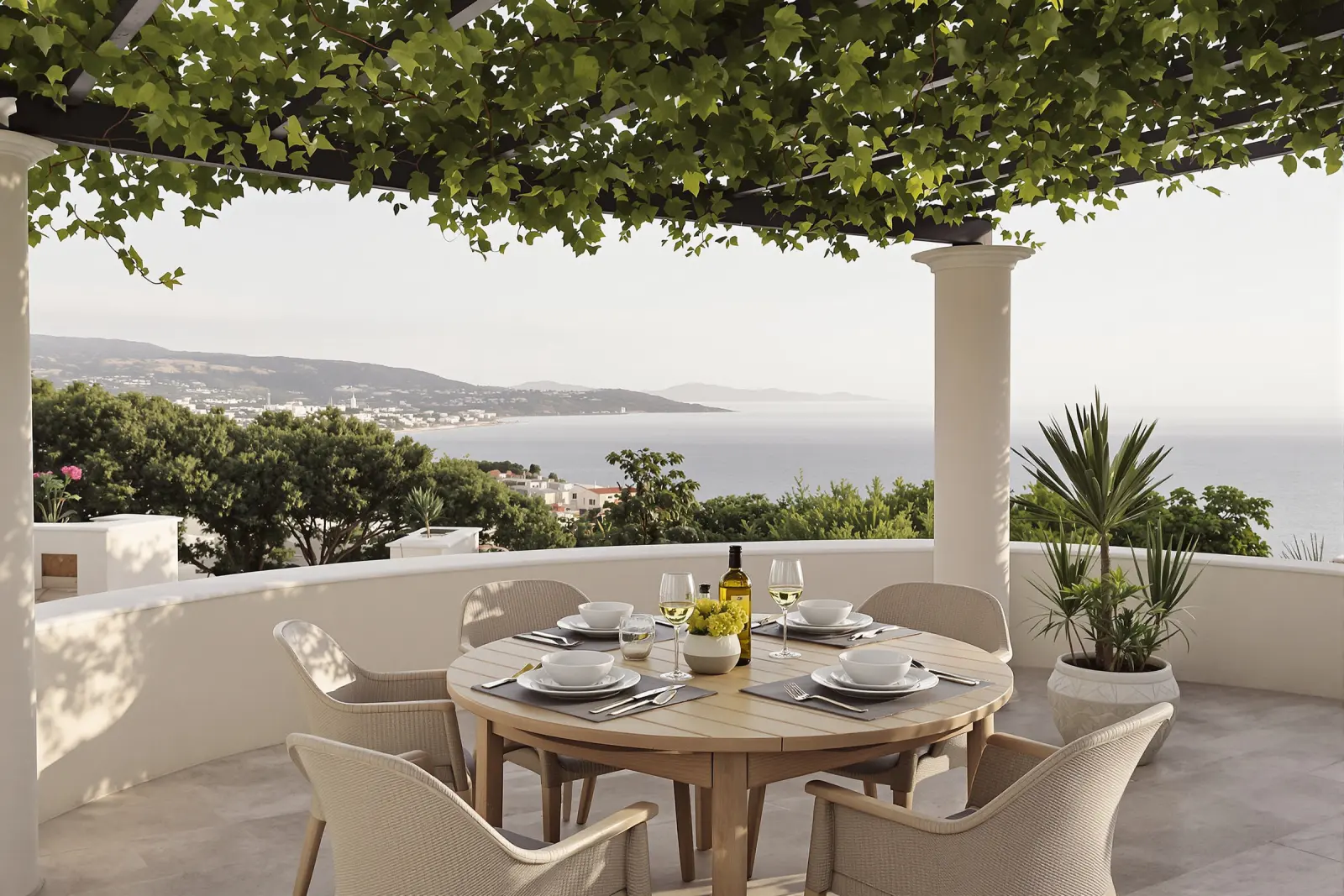 Round terrace table set for four under a vine pergola above the sea