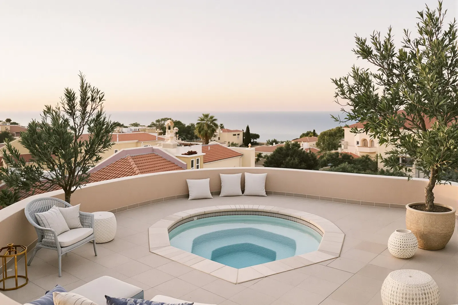 Roof terrace with a hot tub over terracotta rooftops at sunset