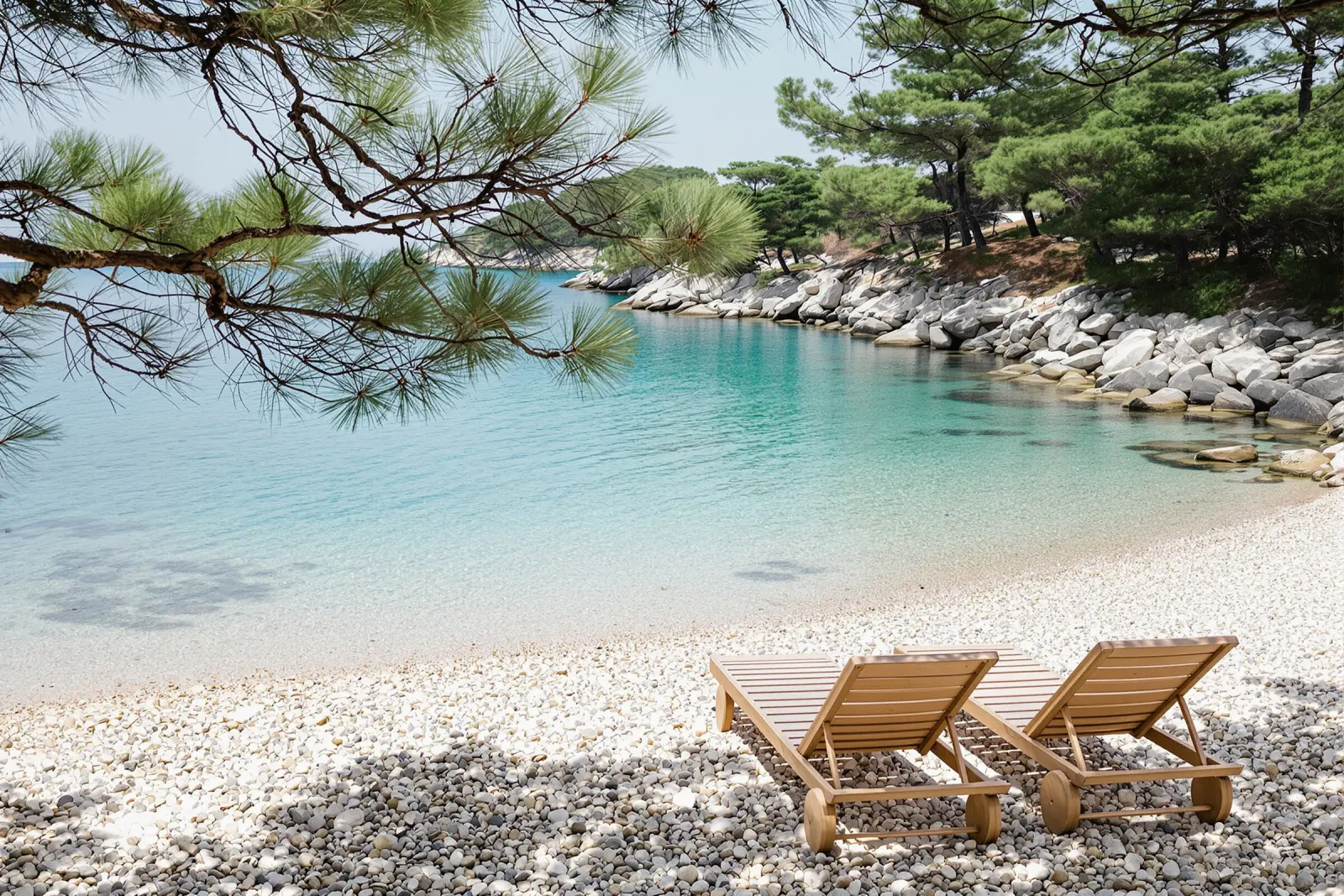 Pebble cove with clear turquoise water, pine trees and two wooden loungers