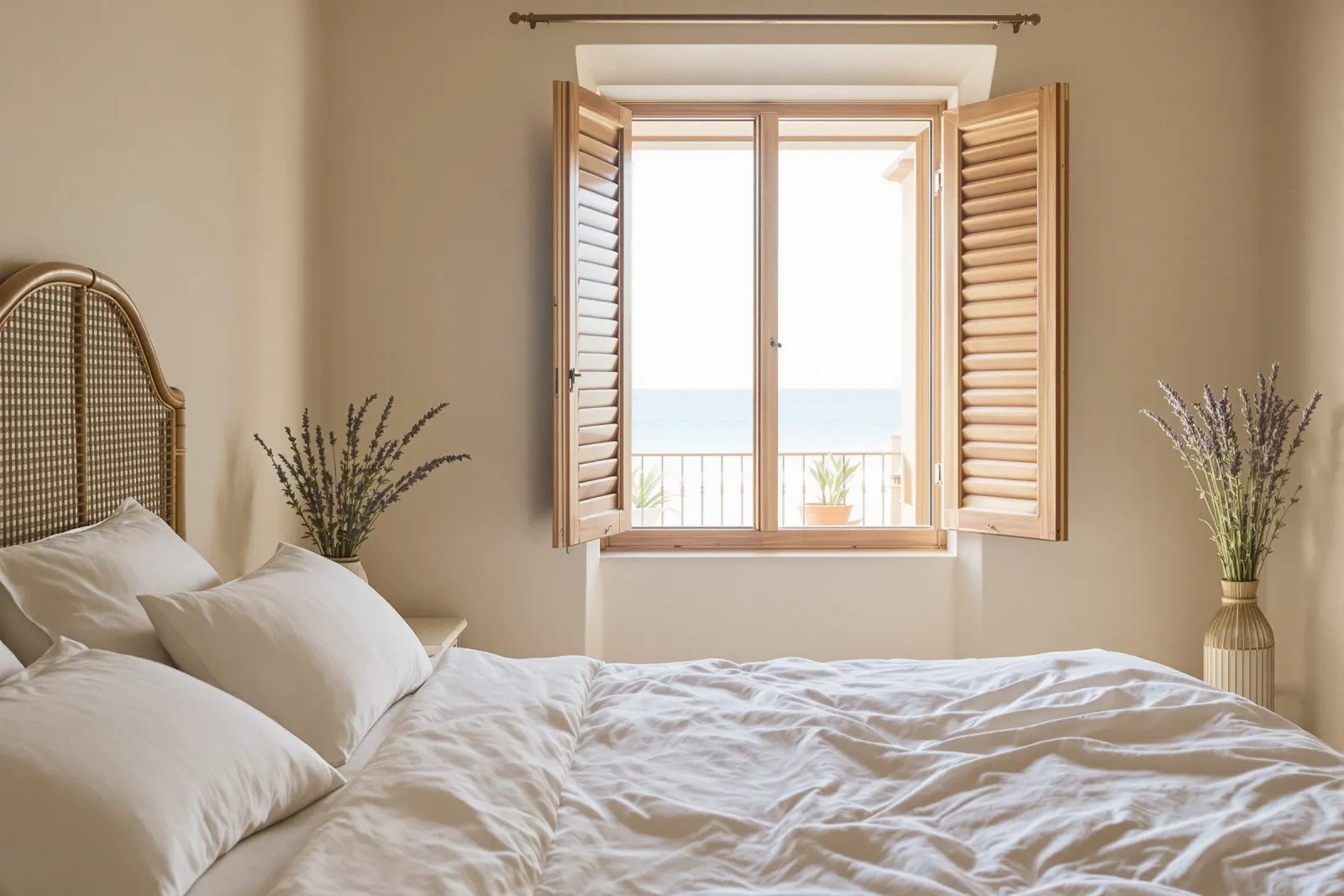 Bedroom with white linen, a rattan headboard and shutters open to the sea