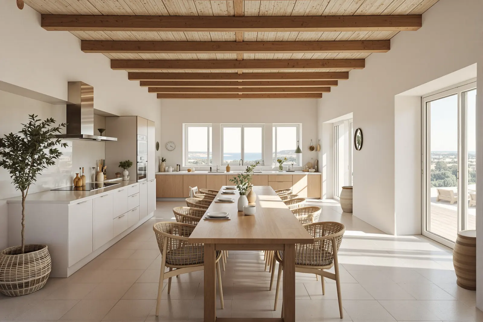 Open-plan kitchen and long oak dining table under wooden beams