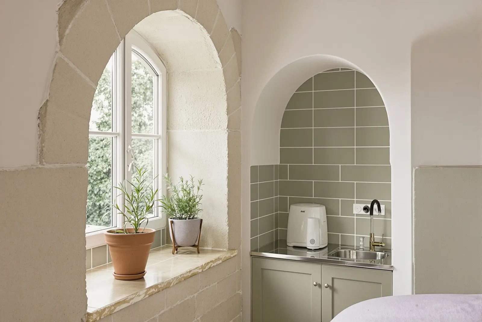 Studio kitchenette with sage-green tiles and a stone arch window