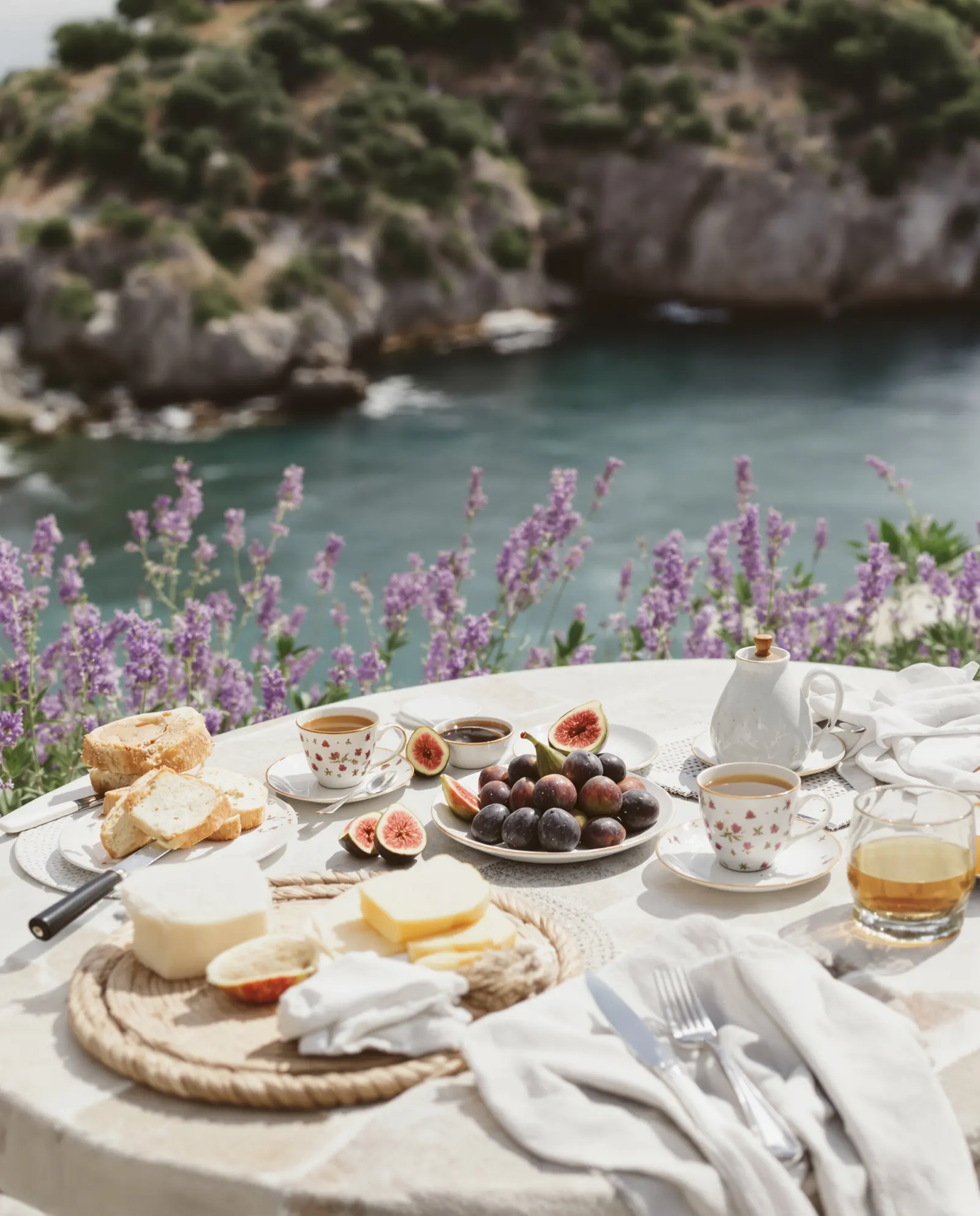 Breakfast of figs, cheese and coffee on the terrace
