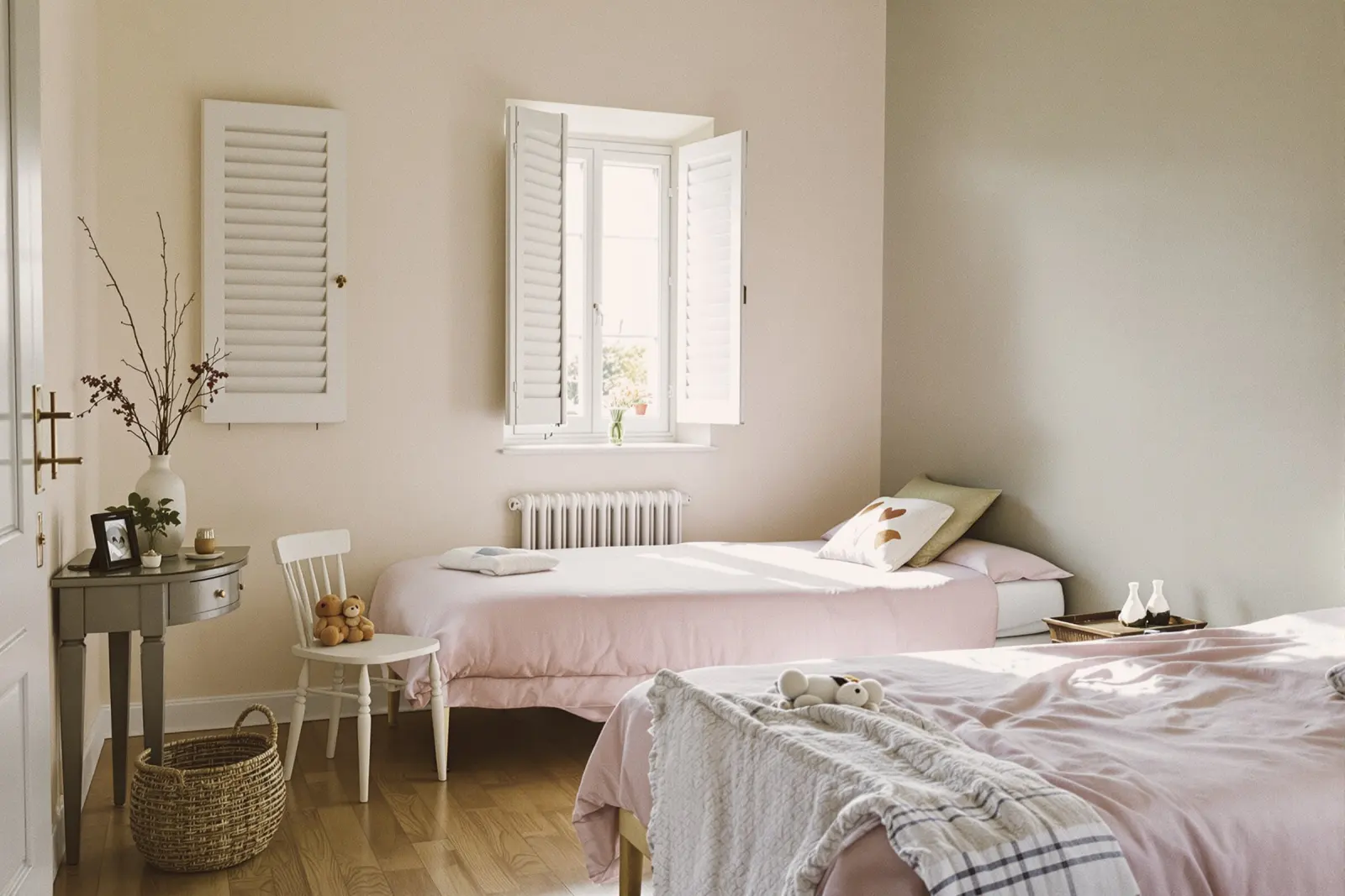 Twin bedroom with two single beds and sunlight through shutters