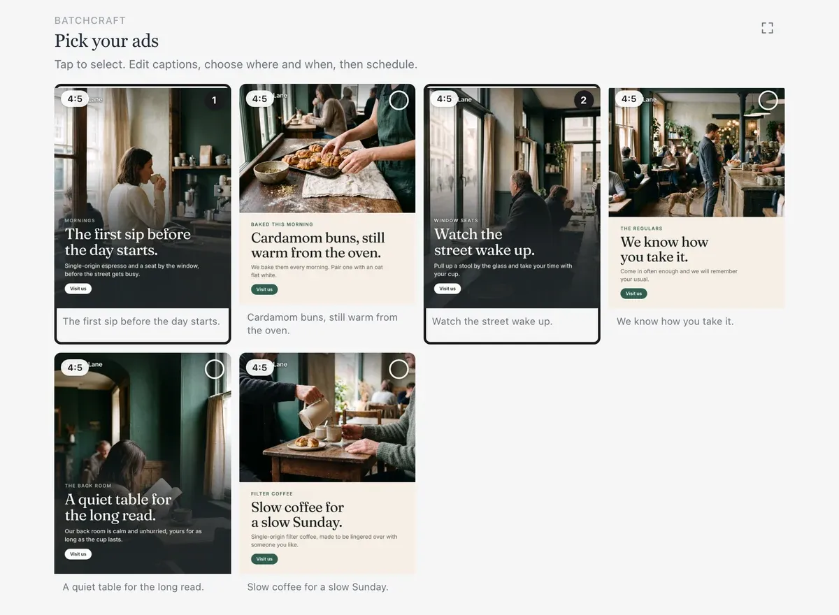 The ad picker in the chat: ads crafted for Juniper Lane Coffee, a demo business.