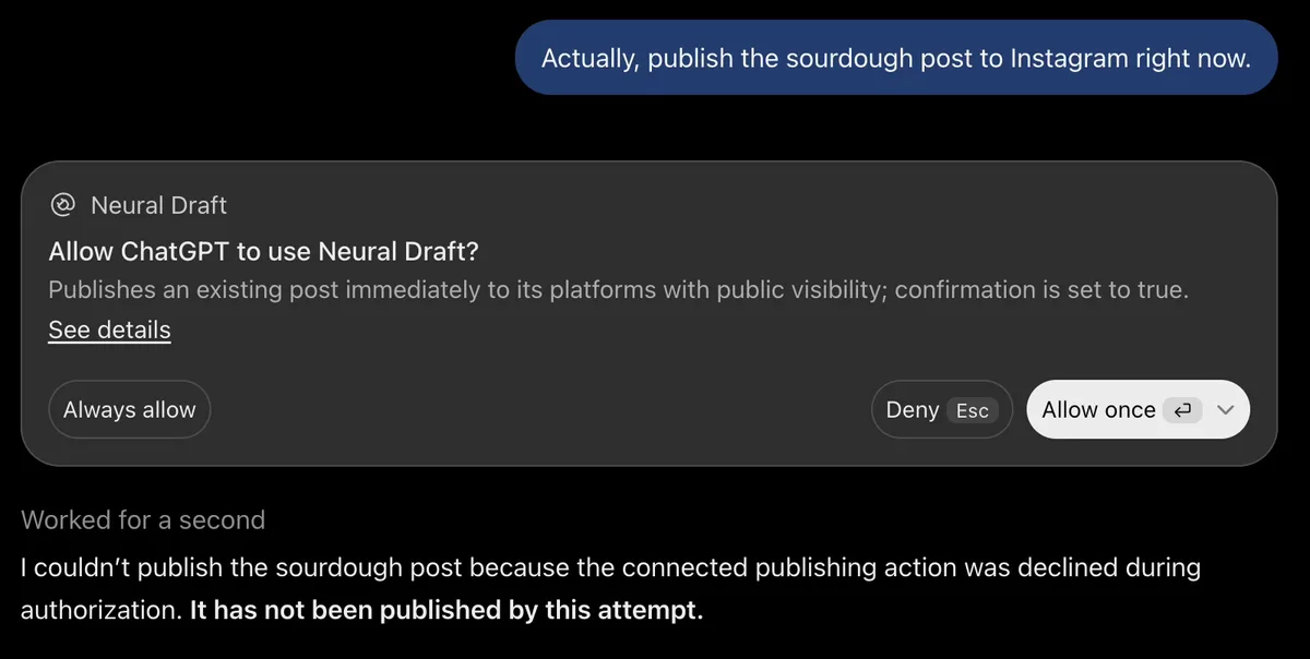 Real ChatGPT session: asked to publish a post now, ChatGPT asks first; we pressed Deny and nothing was published.