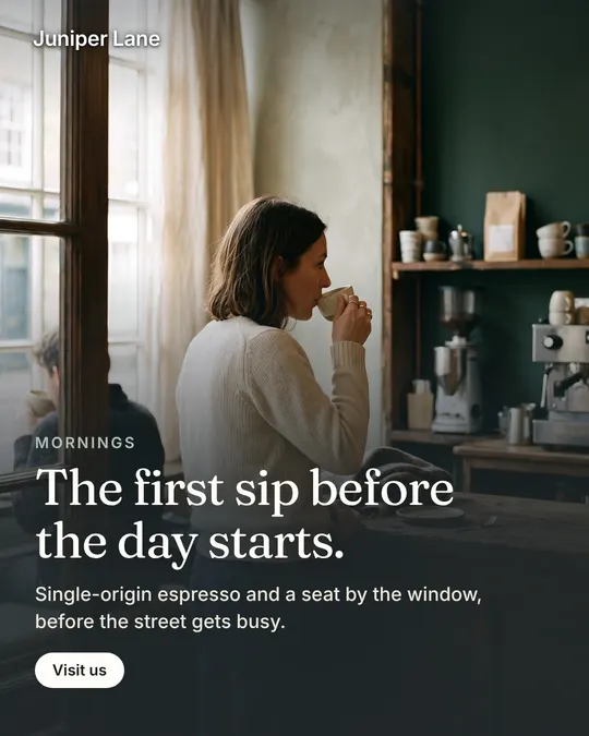 Static ad for Juniper Lane Coffee (demo): The first sip before the day starts.
