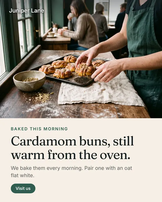 Static ad for Juniper Lane Coffee (demo): Cardamom buns, still warm from the oven.