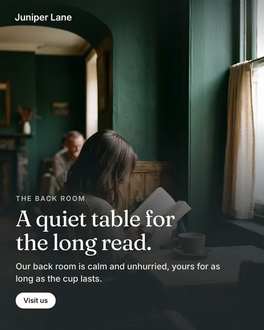 Static ad for Juniper Lane Coffee (demo): A quiet table for the long read.