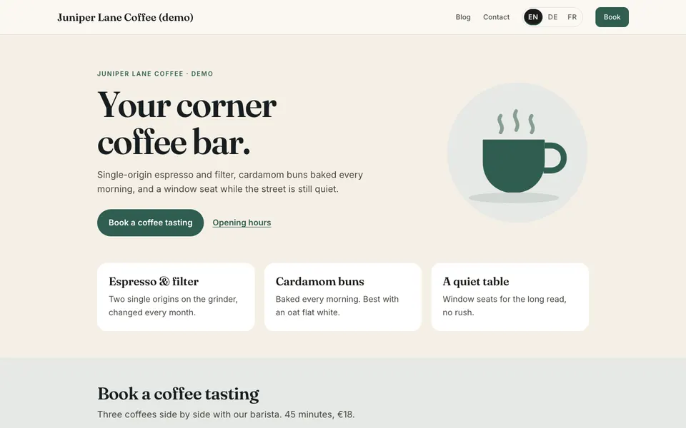Home page of Juniper Lane Coffee (demo), hosted on Neural Draft