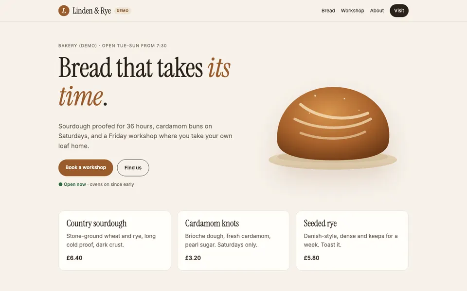 Home page of Linden & Rye Bakery (demo), hosted on Neural Draft