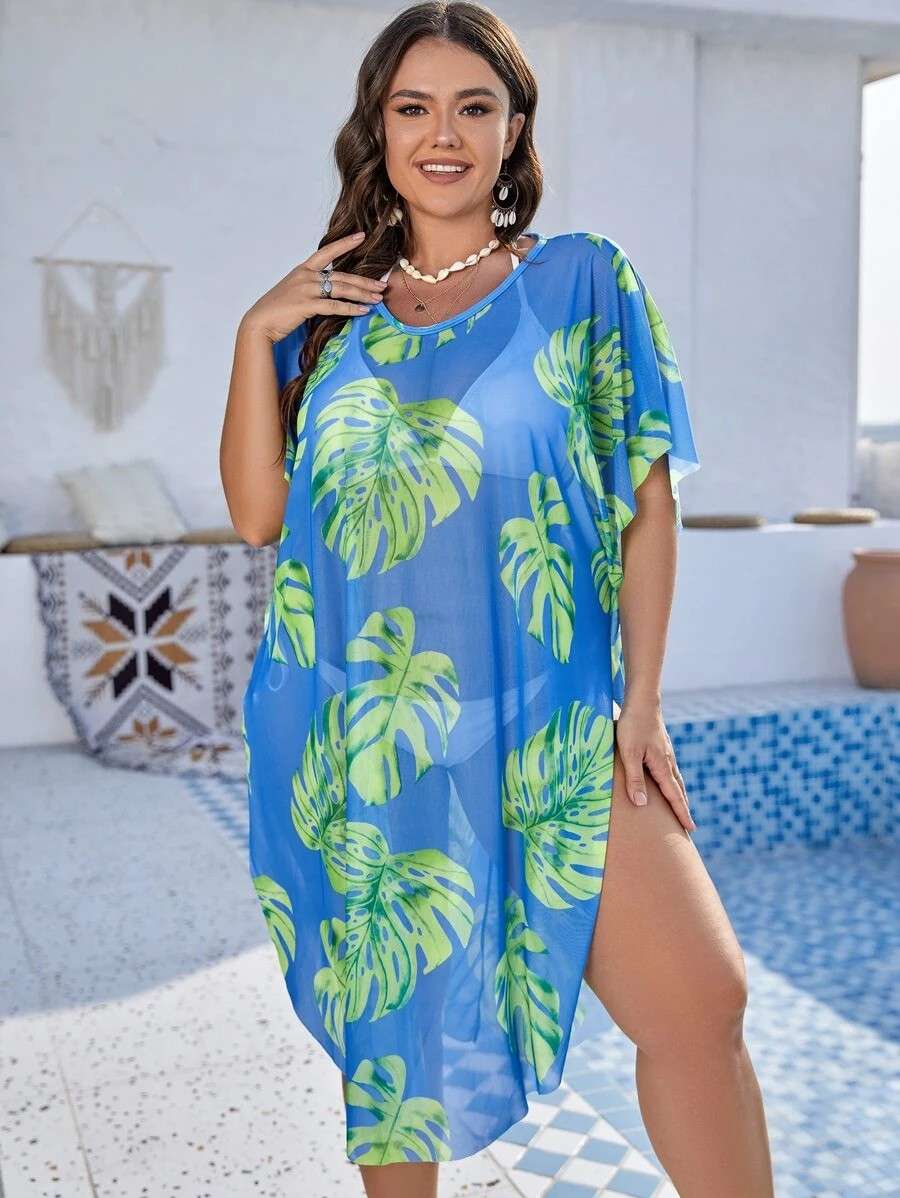 Shein - Tropical Print Batwing Sleeve Mesh Cover Up Dress