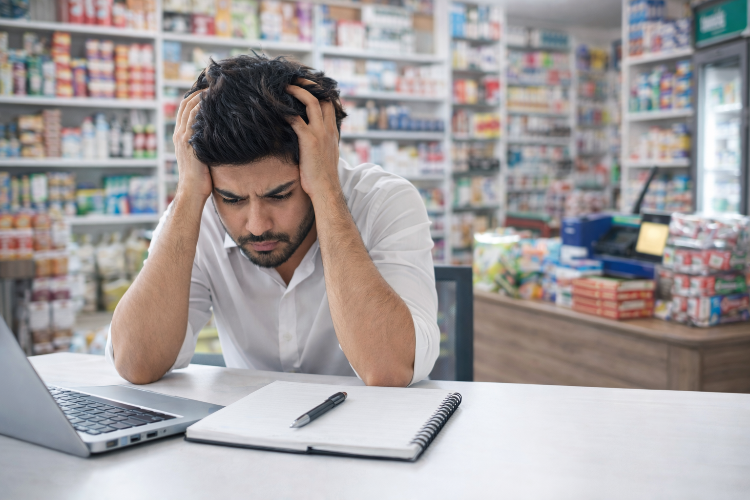 Stressed shopkeeper writing in notebook