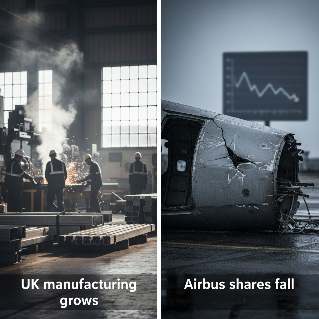 UK manufacturing grows after over a year. Airbus shares fall