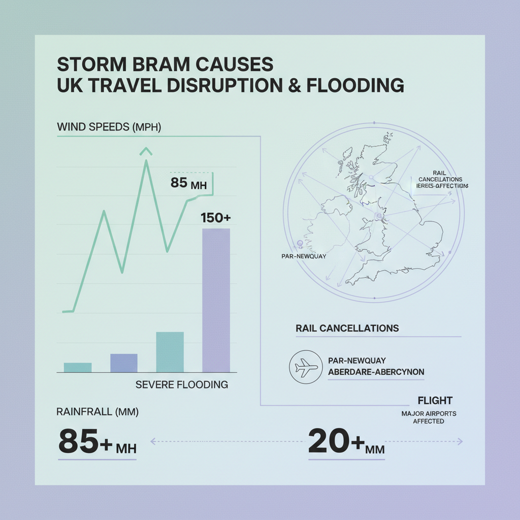 Storm causes travel delays and flooding in UK.