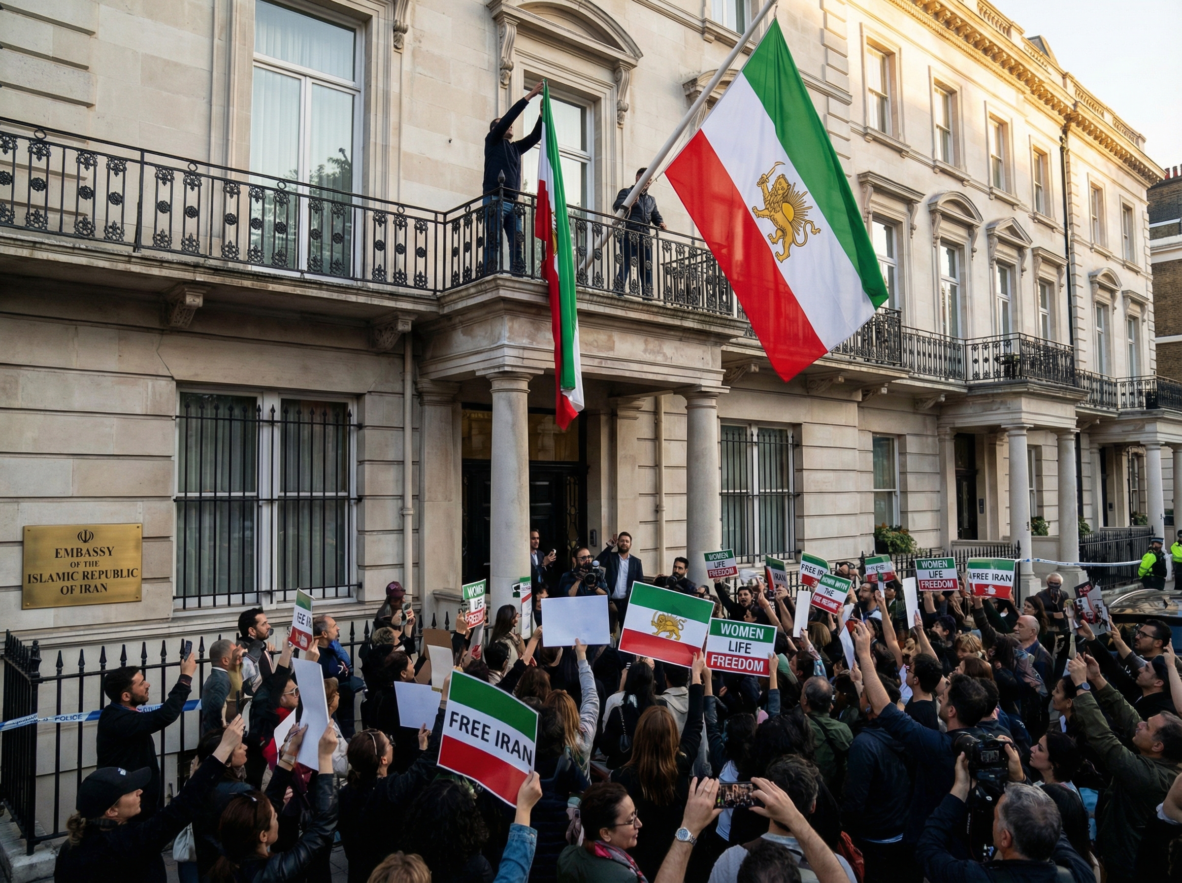 Protester pulls down Iranian flag from London embassy