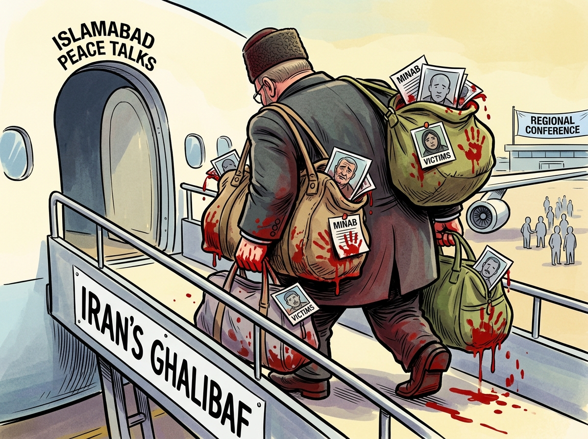 Iran's Ghalibaf carries blood-stained bags and photos of victims to peace talks