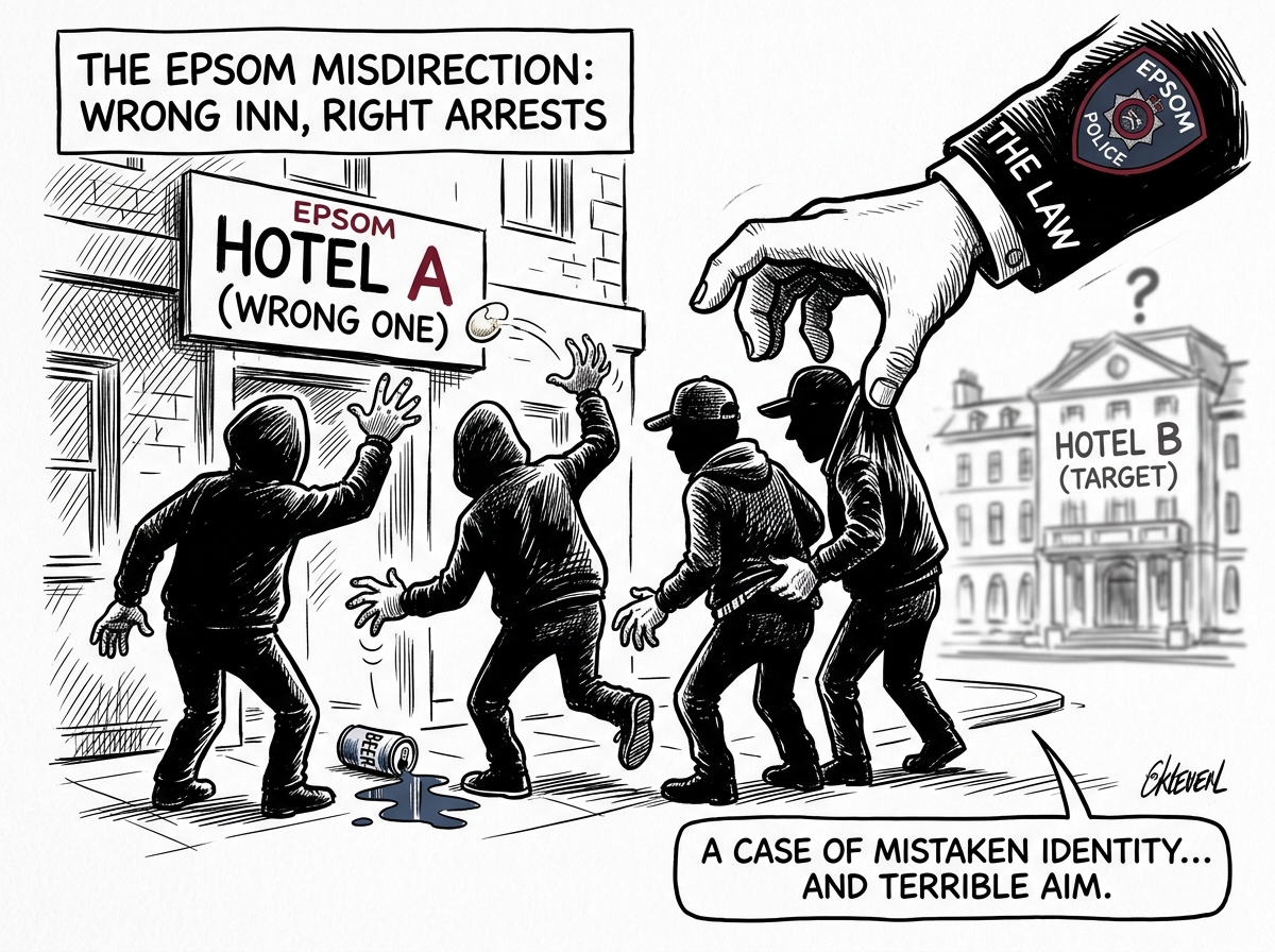 Four arrested after Epsom protesters hit wrong hotel