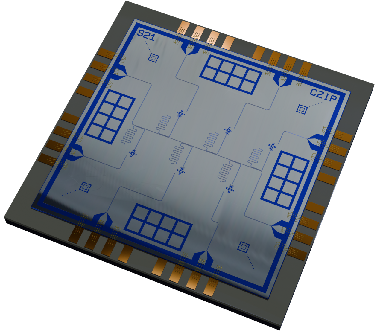 Rendering of a superconducting quantum processor chip with 6 transmons and 12 test junctions on the side in ~8K resolution. Made with Blender and KQCircuits. Downloadable under a Creative Commons lice