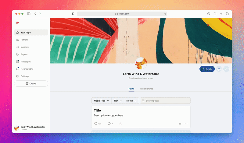 An illustrated gif of the new navigation on Patreon