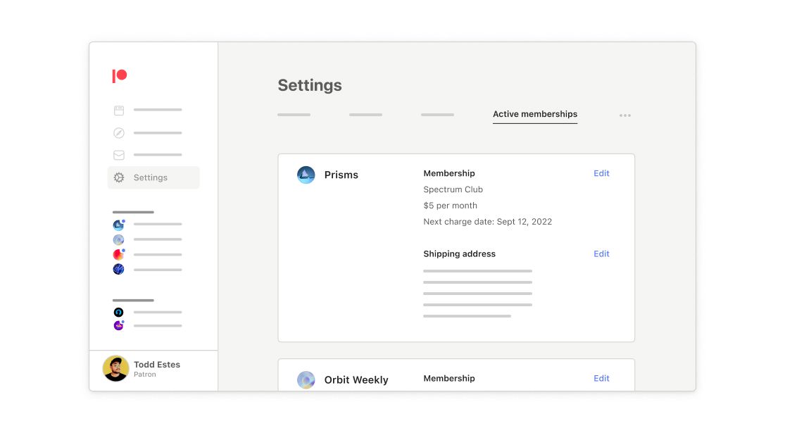 Illustration of all of a patron's active memberships in one place on Patreon