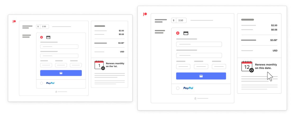 Illustration of what a patron sees when they check out with new billing options on Patreon