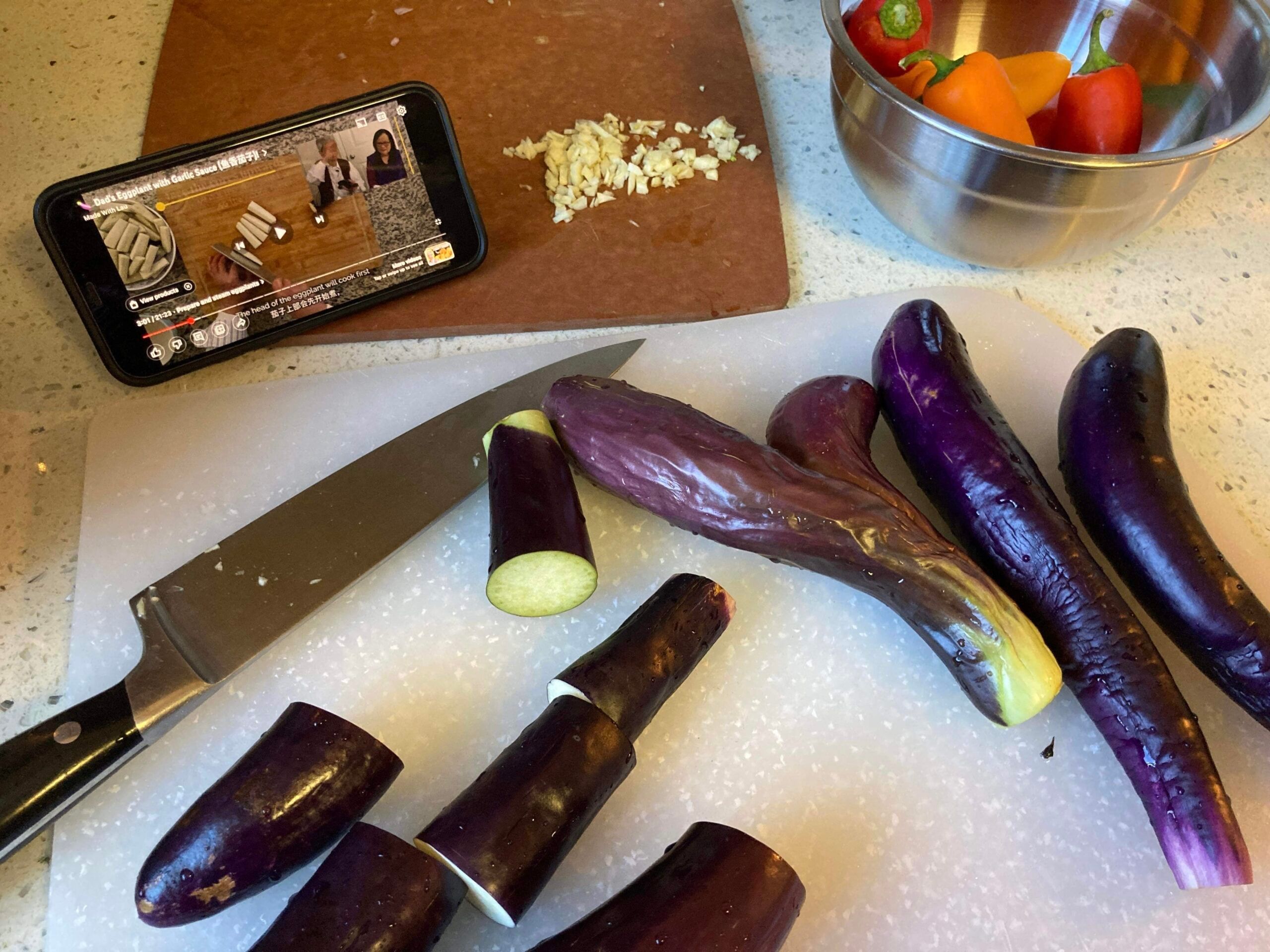 Photo of a web-based cooking class and recipe in progress