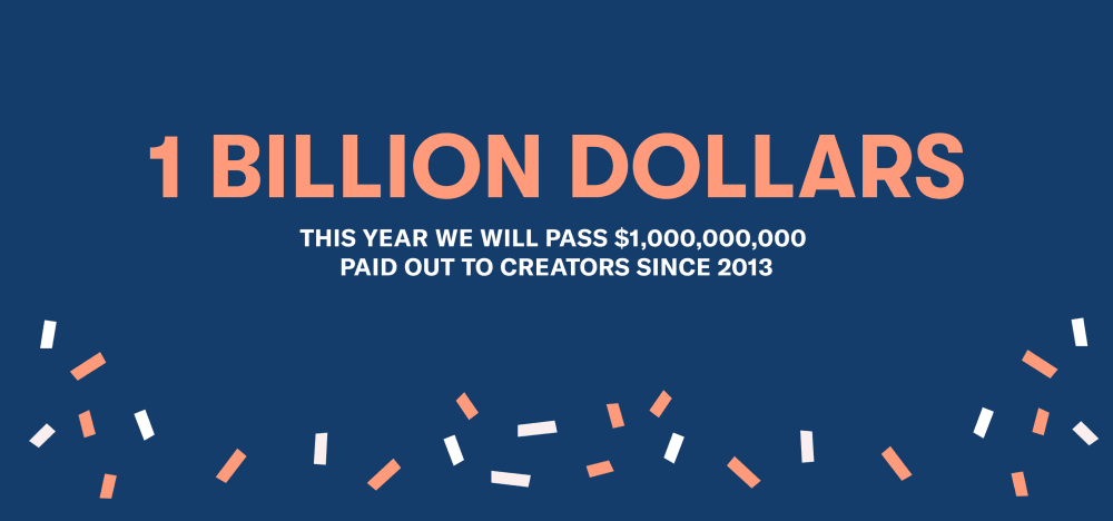 Graphic with blue background and peach text with the words 1 Billion Dollars, this year we will pass 1 Billion dollars paid out to creators since 2013 