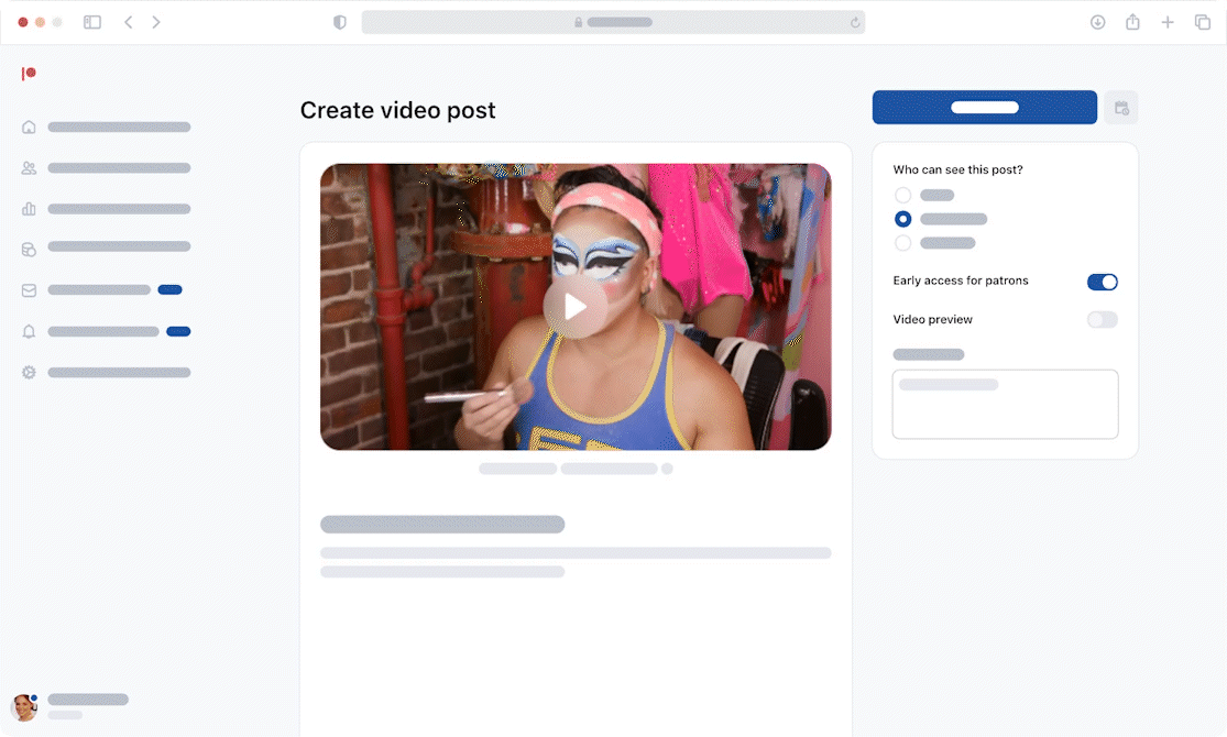 Gif of creating a video post including a preview on Patreon