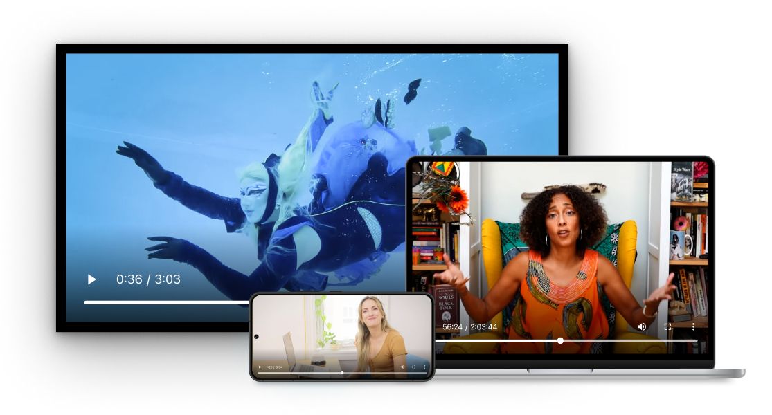 Patreon's video player on three different screens, TV, laptop and phone