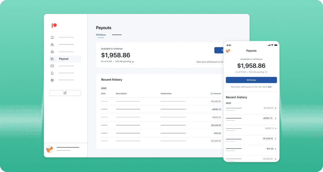 Illustration of Patreon payouts dashboard on desktop and mobile