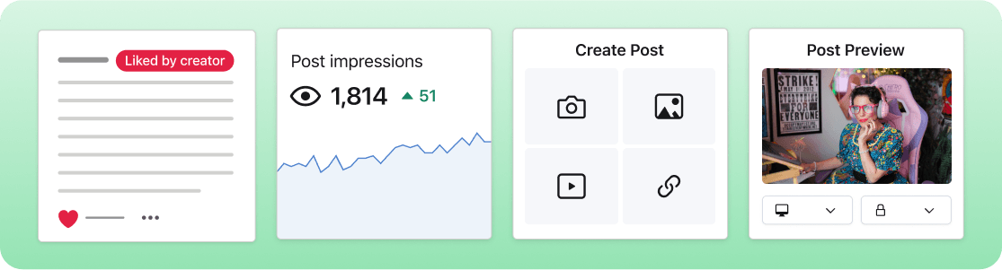 Illustrated view of four updates to product view: likes, impressions dashboard, create post and post preview